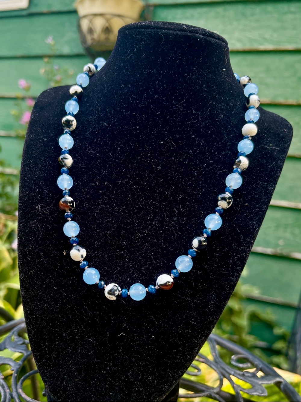 Aquamarine and Orca gemstone beaded necklace.